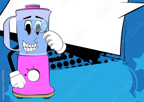 Food Blender holding a magnifying glass as a cartoon character with face. Electric kitchen equipment for food processing.