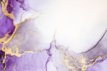 Purple gold abstract background of marble liquid ink art painting on paper . Image of original artwork watercolor alcohol ink paint on high quality paper texture .