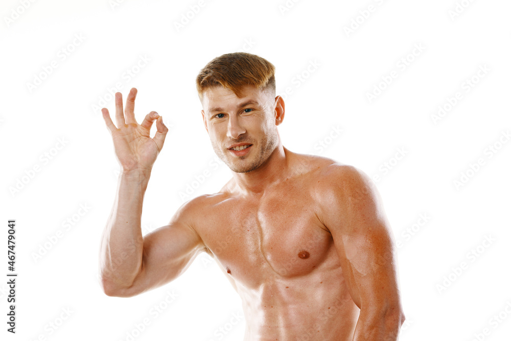 athletic man pumped up press gestures with hands posing fitness athletic man pumped up press gestures with hands posing fitness