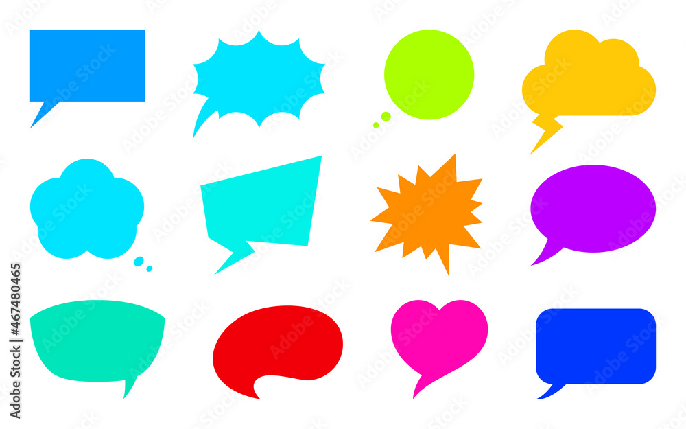 Speech bubble cheerful chat sign colorful flat set. Creative symbol dialogue user thinking. Promotion price tag flyer attention label sale. Message sticker cartoon kid text banner isolated on white Speech bubble cheerful chat sign colorful flat set. Creative symbol dialogue user thinking. Promotion price tag flyer attention label sale. Message sticker cartoon kid text banner isolated on white