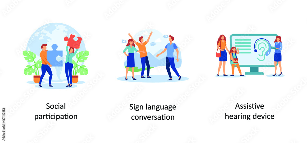 Social Participation, Sign Language conversation, Assistive Hearing Device. Social engagement abstract concept vector illustration set