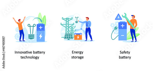 Innovative Battery Technology, Energy Storage, Safety battery. Accumulator battery use abstract concept vector illustrations.