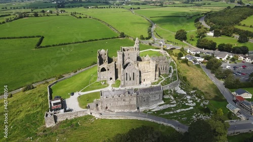 Drone rotation around Rock of Cashel, ruined castle in Ireland.