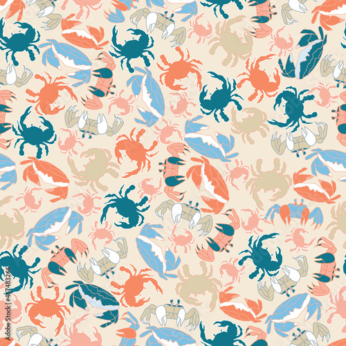 Nautical theme seamless pattern with crab variety on tan background.