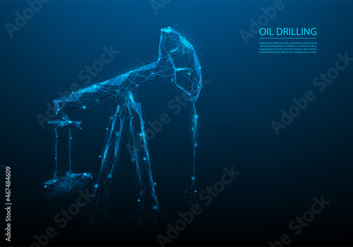 oil drilling machine low poly wire frame. petroleum fuel industry concept. Oil well rig jack line and point. vector illustration futuristic style. isolated on blue dark background.