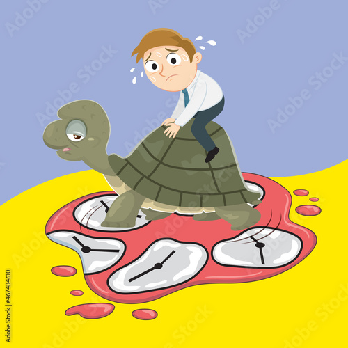  Businessman Character Cartoon Riding Huge Turtle,  Slow Movement to Success, Illustration vector cartoon