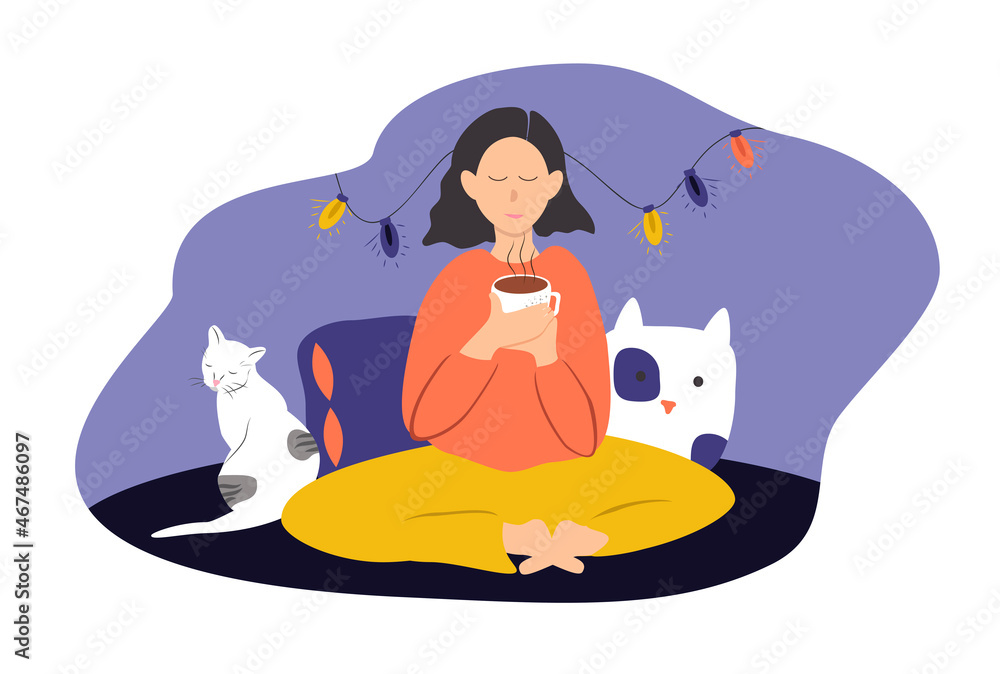 vector illustration - a girl at home in a cozy atmosphere drinks hot tea, coffee or cocoa, next to her is a cat. thorn illustration in flat style vector illustration - a girl at home in a cozy atmosphere drinks hot tea, coffee or cocoa, next to her is a cat. thorn illustration in flat style