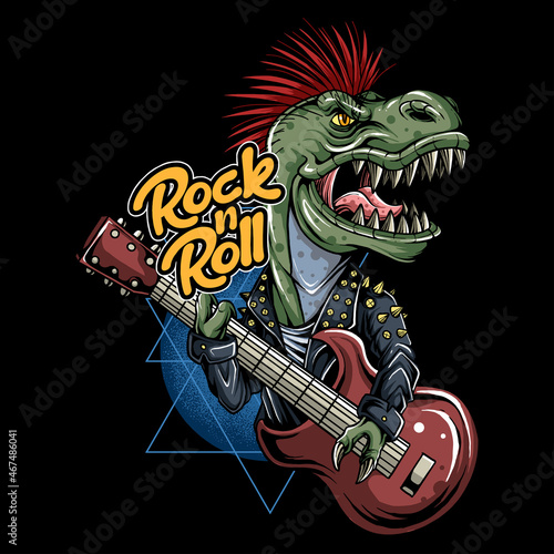 punk t-rex dinosaur in rocker jacket playing guitar