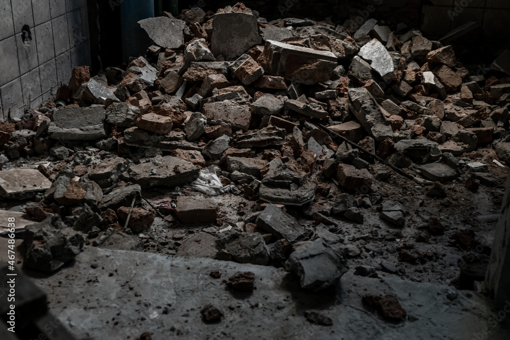The rubble, A pile of smashed cement stacked together of Deteriorated abandoned old building, Destroyed building, Selective focus. The rubble, A pile of smashed cement stacked together of Deteriorated abandoned old building, Destroyed building, Selective focus.