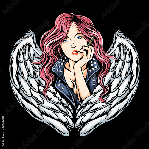 rocker girl with colorful hair like a unicorn is smoking and looks so beautiful with angel wings