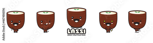 funny lassi cartoon mascot, indian traditional drink vector illustration, with different facial expressions and poses