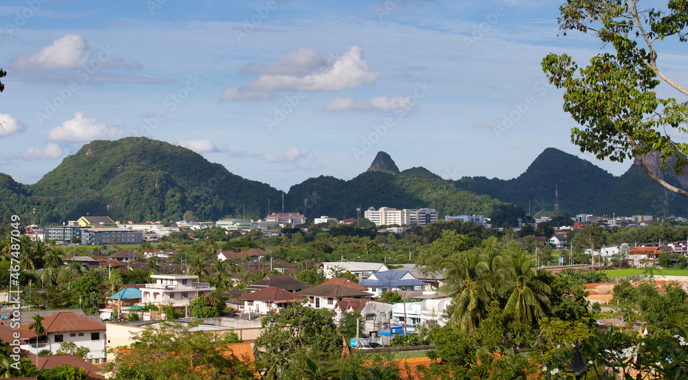 Panorama of the city in Phatthalung Province with mountains in the background. It is a quiet and beautiful city in southern Thailand.