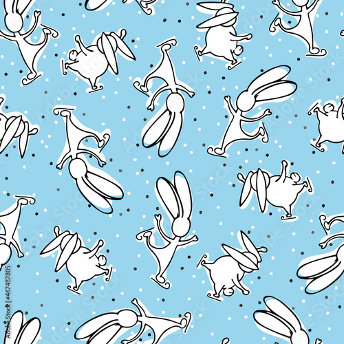 Seamless vector pattern with skating rabbit and snow. Falling snowflakes on a blue ice. Christmas or Easter background with doodle hare. New Year's print with a bunny on a skating rink.