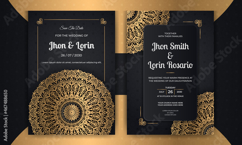 Black royal wedding invitation card design with golden mandala pattern