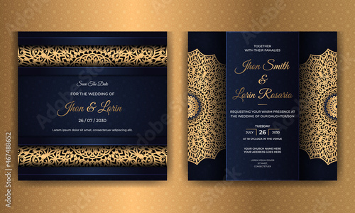 Elegant blue wedding invitation card design with golden mandala