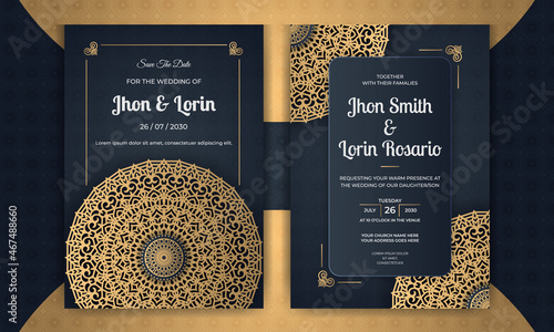 Canvas Print Unique wedding invitation card design with golden mandala and abstract pattern