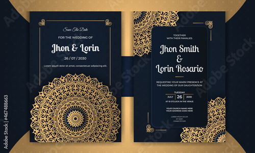 Royal blue wedding Invitation card design with golden mandala