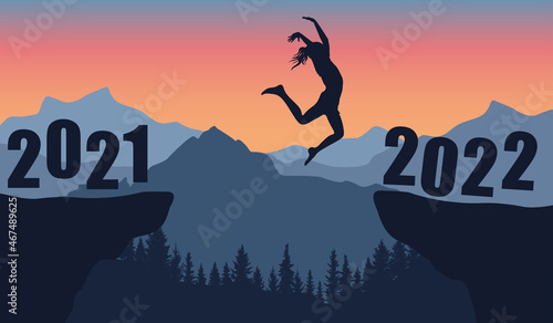 Silhouette of jumping girl over chasm between rocks on background of mountains with forest . Transition from 2021 to 2022, new year. Vector illustration