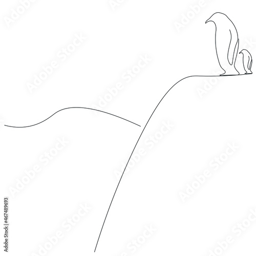 Penguins family mom and baby line drawing vector illustration