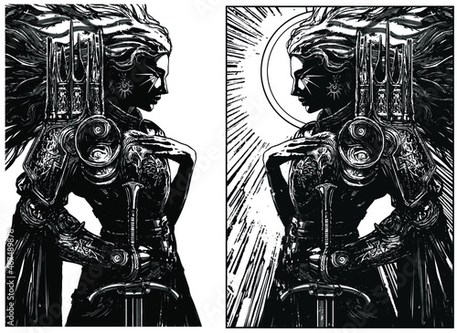 A beautiful woman in abstract armor with a crown, she gracefully touches her armor with thin fingers, her hair flutters in the wind against the background of the sun with rays of strings 2d art