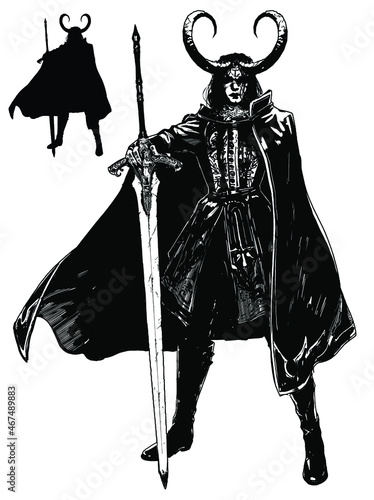 A demon man with long curling horns, dressed in noble clothes with a cloak, stands proudly leaning his hand on a beautiful two-handed sword, an eyepiece on his eye, he has long black hair 2d comic ar