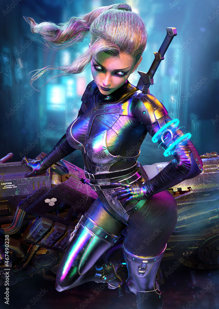 A sexy girl in a frank fighting sayfay suit looks threateningly into the camera with rainbow technogenic glowing eyes, a sword behind her back, she elegantly leans on a motorcycle. 3d rendering