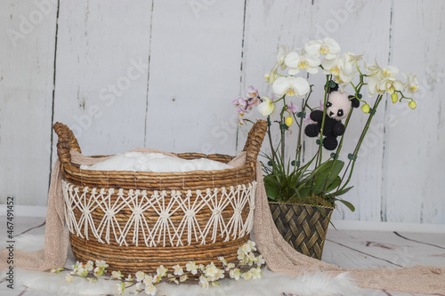 Digital background brown basket with flowers for newborn and baby photography