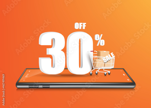 30% off 3d text,parcel box and shopping cart on smartphone and all object on orange background for shopping online concept design,vector 3d for advertising promption sale