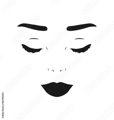 Hand drawn beautiful woman with close eyes, perfectly shaped eyebrows. Vector illustration for business visit card, typograph, print. Perfect salon look.