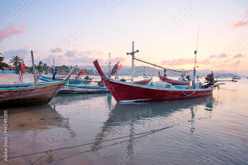 Beautiful landscape with traditional longtail boat on the beach. Samui  Thailand.