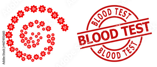 Biohazard industry icon spiral curl mosaicwith BLOOD TEST unclean seal. Biohazard industry symbols are combined into cycle vector illustration.