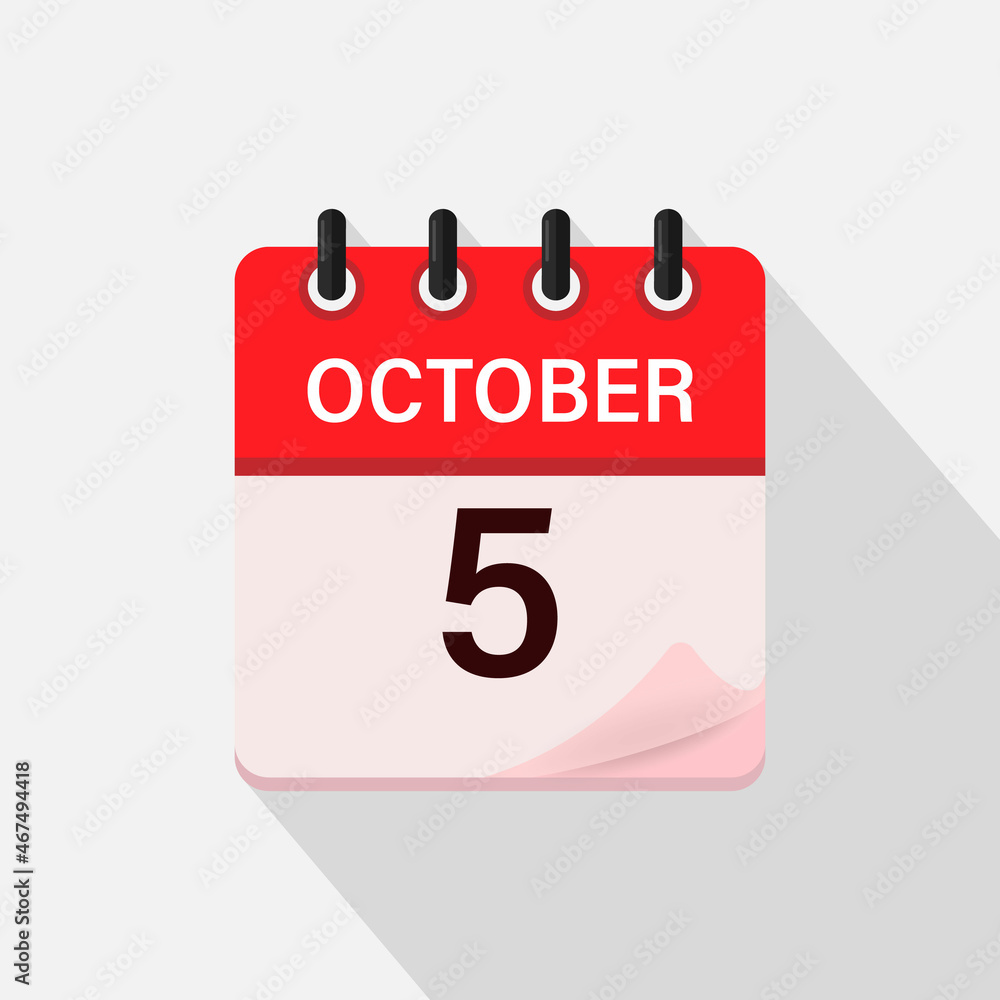 October 5, Calendar icon with shadow. Day, month. Flat vector illustration. October 5, Calendar icon with shadow. Day, month. Flat vector illustration.