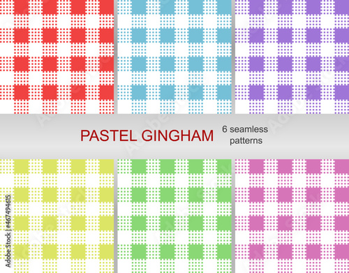 Set of 6 Gingham pattern set. seamless patterns. Abstract geometric backgrounds. Traditional classic Gingham tablecloth pattern. dress, skirt, napkin, or other Easter holiday textile design.Vector.