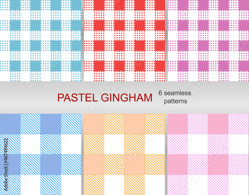 Set of 6 Gingham pattern set.  seamless patterns. Abstract geometric backgrounds. Traditional classic Gingham tablecloth pattern. dress, skirt, napkin, or other Easter holiday textile design.Vector.