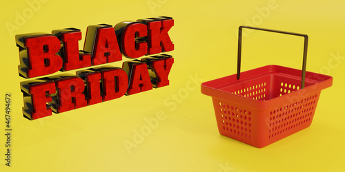 3D rendering. Black Friday Super Sale. A red plastic supermarket basket with a black handle on the right against a yellow background. Red-black lettering text. 
