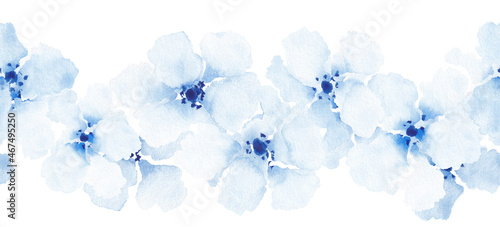 Softness floral set seamless border. Blue watercolor flowers on white background. Vintage design element.