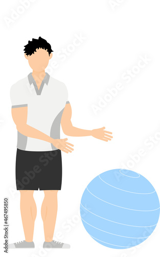 スポーツジムインストラクター男性のポーズ、バランスボールを勧める