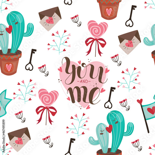Cacti, lettering, lolipop and flowers in a seamless pattern.