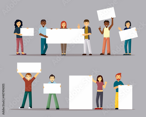 Cheerful multinational people with blank posters banners. Young male and female characters happily holding bulletin boards and advertisements modern marketing style. Vector cartoon.