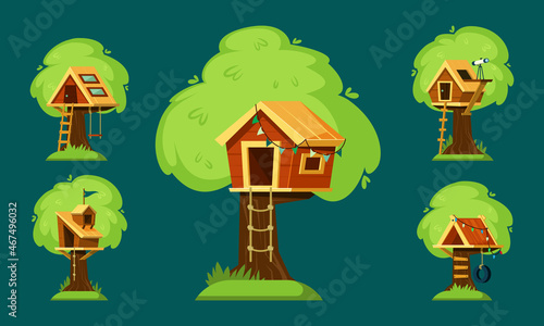 Childrens tree houses set. Wooden play hut with roof on branches of old oak trees colorful rope ladder for climbing and telescope on small balcony colored flags to interior. Vector cartoon vacation.
