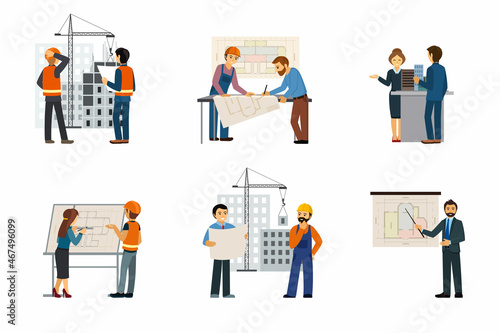 Design and construction of buildings set. Male and female characters draw building diagrams and manage works industrial projects and skyscrapers development of infrastructures. Vector cartoon