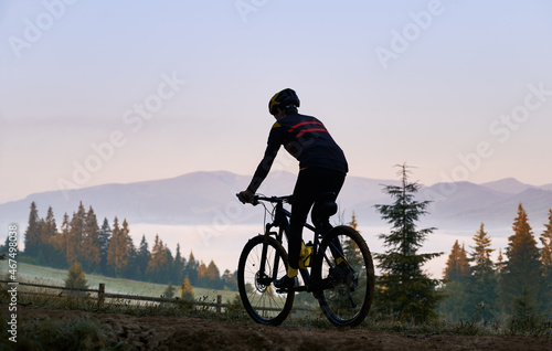 Silhouette of cyclist riding bike with coniferous trees and hills on background. Back view of man bicyclist enjoying bicycle ride in mountains in the morning. Concept of sport and active leisure.