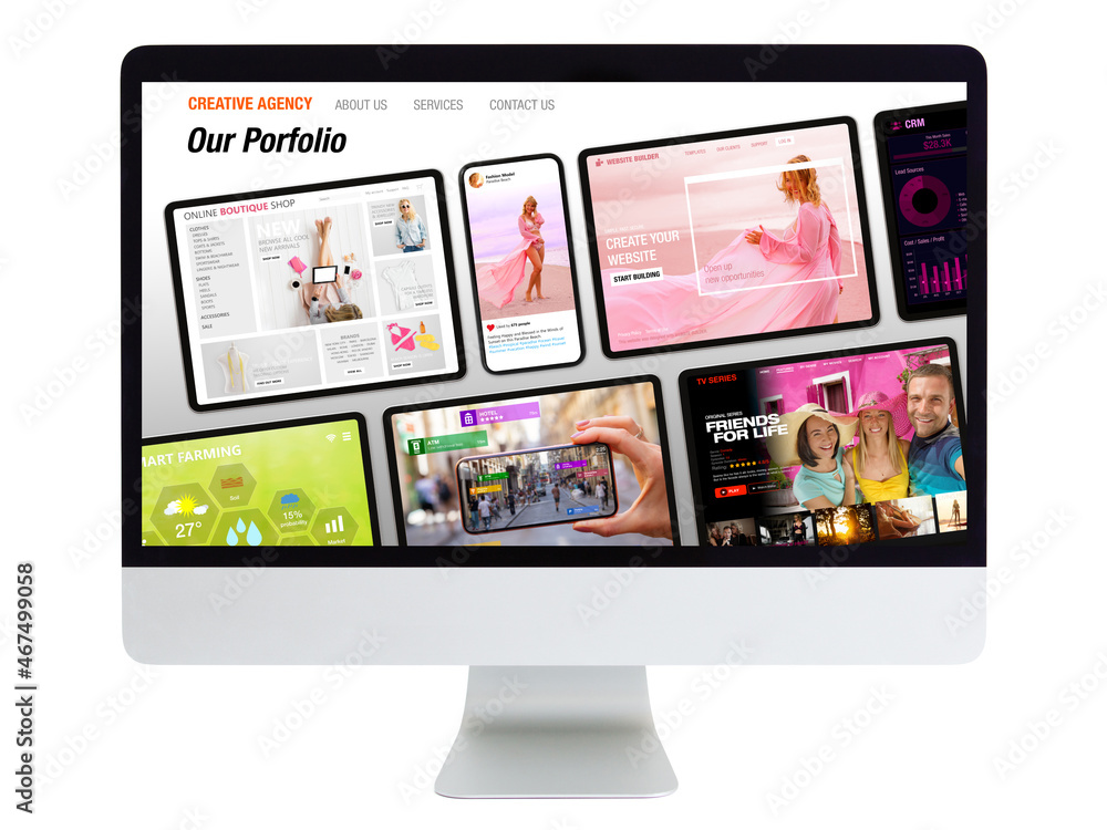 Desktop computer with sample portfolio on the screen featuring different websites and visual design projects Desktop computer with sample portfolio on the screen featuring different websites and visual design projects