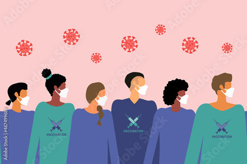 Campaign to vaccinate. A poster calling for vaccination. People in medical face masks. Line of people calls for vaccination. Poster of society in epidemic time. Men and women in face coverings. 
