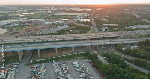 Aerial view of vehicles driving on Alfred E. Driscoll Bridge a huge complex road junction at the entrance connected for Woodbridge town New Jersey photo