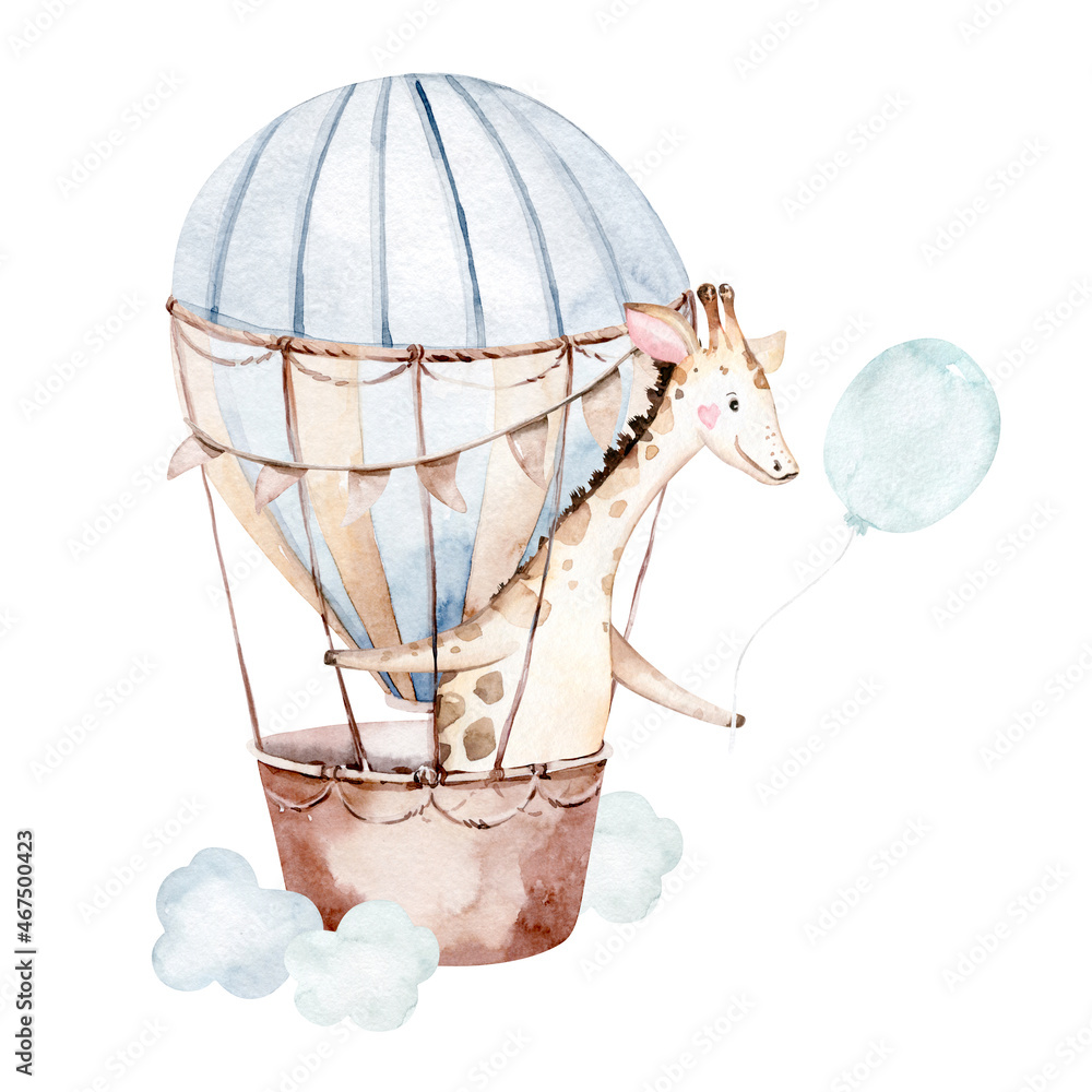 Φωτογραφία Cute cartoon giraffe animal hand drawn watercolor baby giraffe illustration with air balloon