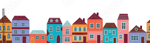 Seamless border urban tiny houses with trees isolated on white background. Minimalist town, residential city houses landscape vector illustration. Backdrop for wallpaper, textile, fabric, wrapping