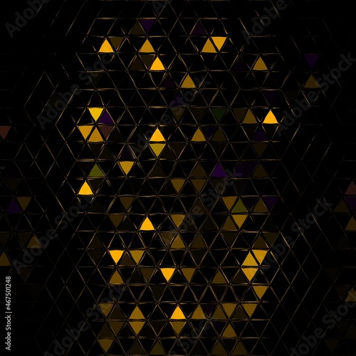 3D illustration view of cylindrical shaped structure with wall made of linked hexagonal struts ın golden yellow on a black background