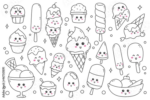 Set of Hand Drawn Ice Cream Doodles Line Art