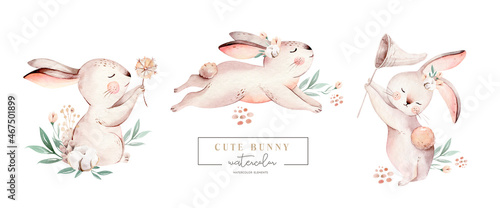 Watercolor Happy Easter baby bunnies design with spring blossom flower. Rabbit bunny kids illustration isolated. Hand drawn Easter cartoon forest hare animal bunny holiday funny  photo